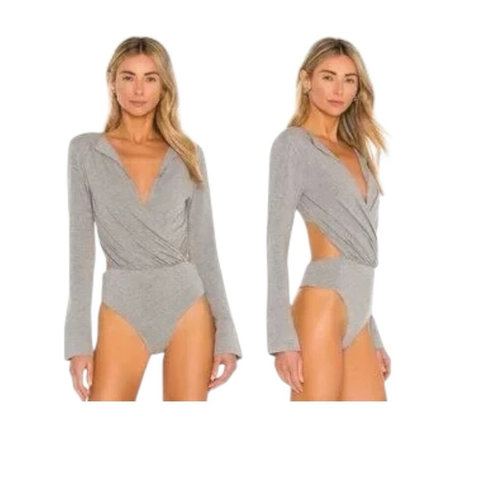 L'Academie Lapel Bodysuit Heather Grey Back Cutout Jersey Knit Small